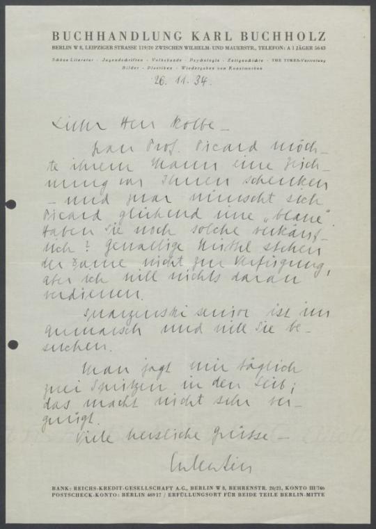 Briefwechsel zwischen Buchhandlung Karl Buchholz und Georg Kolbe