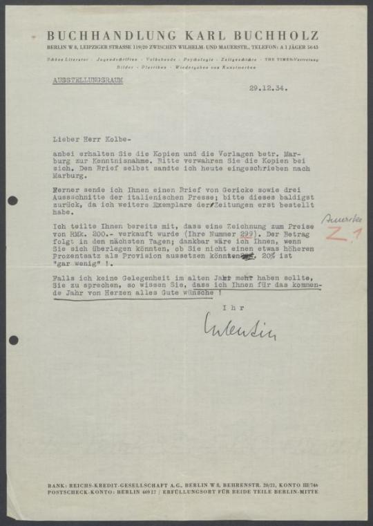 Briefwechsel zwischen Buchhandlung Karl Buchholz und Georg Kolbe