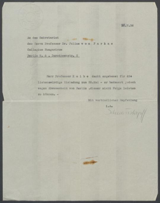 Briefwechsel zwischen Julius von Farkas [Collegium Hungaricum, Berlin] und Georg Kolbe