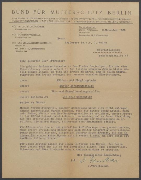 Briefwechsel zwischen Helene Stücker [Deutscher Bund für Mutterschutz, Berlin] Deutschen Bund für Mutterschutz und Georg Kolbe