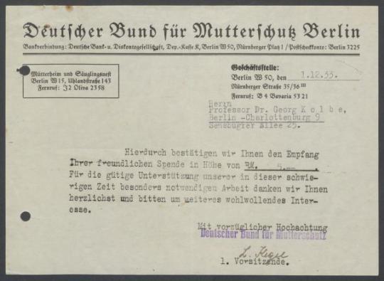 Briefwechsel zwischen Helene Stücker [Deutscher Bund für Mutterschutz, Berlin] Deutschen Bund für Mutterschutz und Georg Kolbe