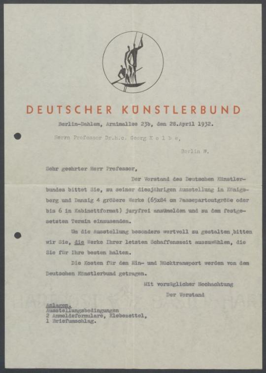 Briefwechsel zwischen Deutscher Künstlerbund [Berlin] und Georg Kolbe