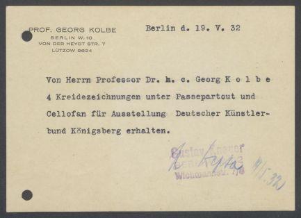 Briefwechsel zwischen Deutscher Künstlerbund [Berlin] und Georg Kolbe