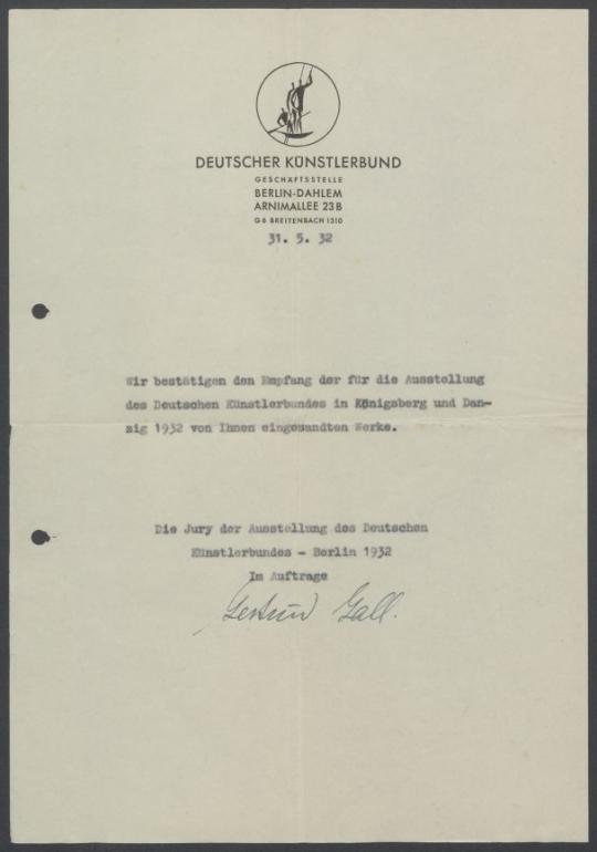 Briefwechsel zwischen Deutscher Künstlerbund [Berlin] und Georg Kolbe