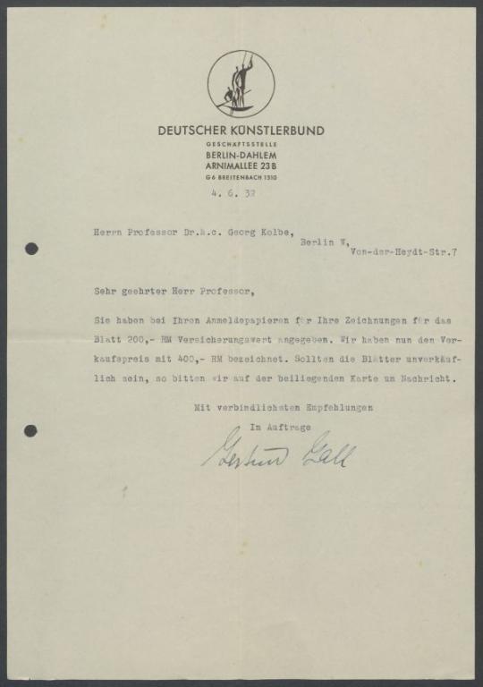 Briefwechsel zwischen Deutscher Künstlerbund [Berlin] und Georg Kolbe