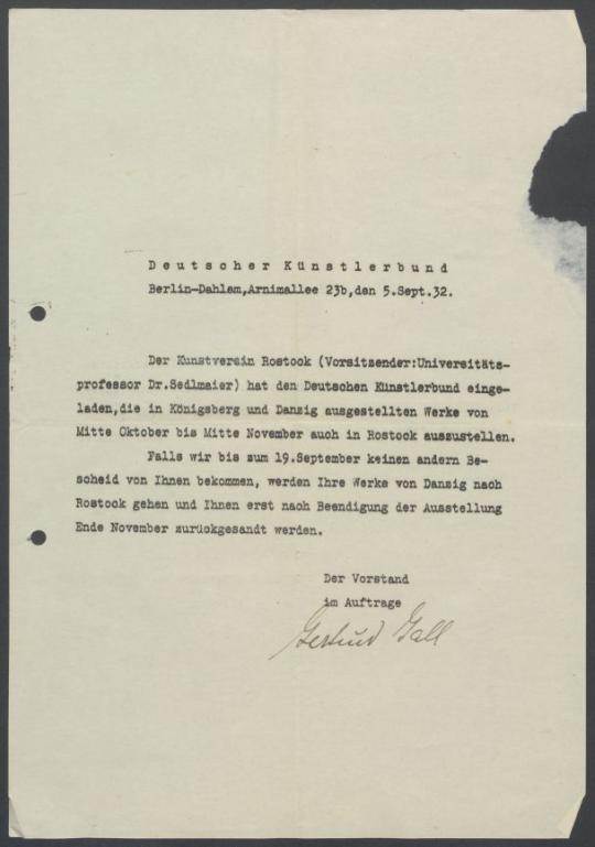 Briefwechsel zwischen Deutscher Künstlerbund [Berlin] und Georg Kolbe