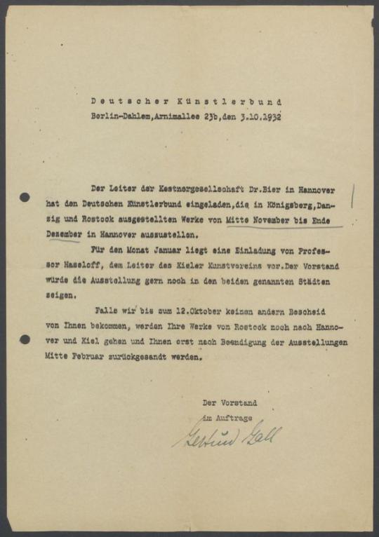 Briefwechsel zwischen Deutscher Künstlerbund [Berlin] und Georg Kolbe