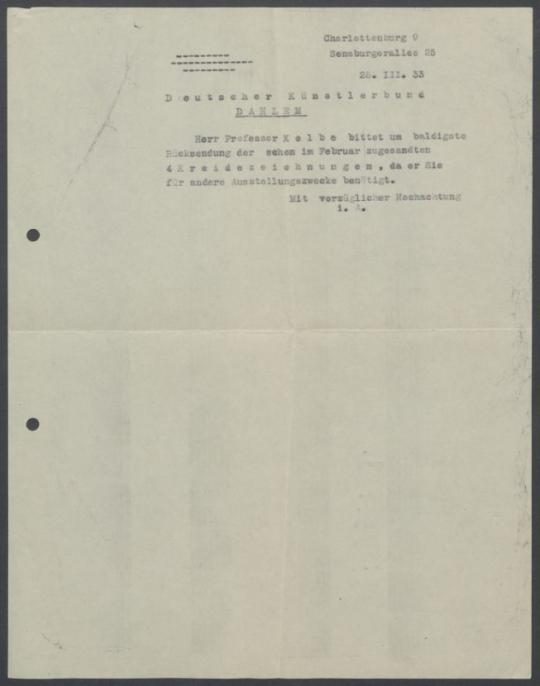 Briefwechsel zwischen Deutscher Künstlerbund [Berlin] und Georg Kolbe