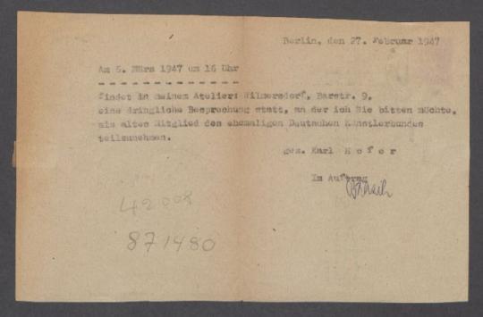 Briefwechsel zwischen Karl Hofer [Deutscher Künstlerbund], Ernst Fritsch, Mac Zimmermann und Georg Kolbe