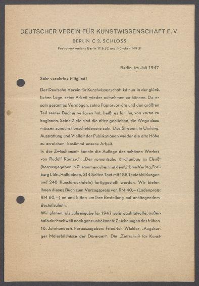 Briefe vom Deutschen Verein für Kunstwissenschaft Berlin, Berlin an Georg Kolbe