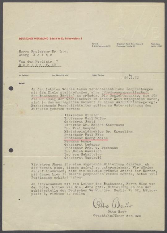 Brief von Otto Baur [Deutscher Werkbund[ an Georg Kolbe