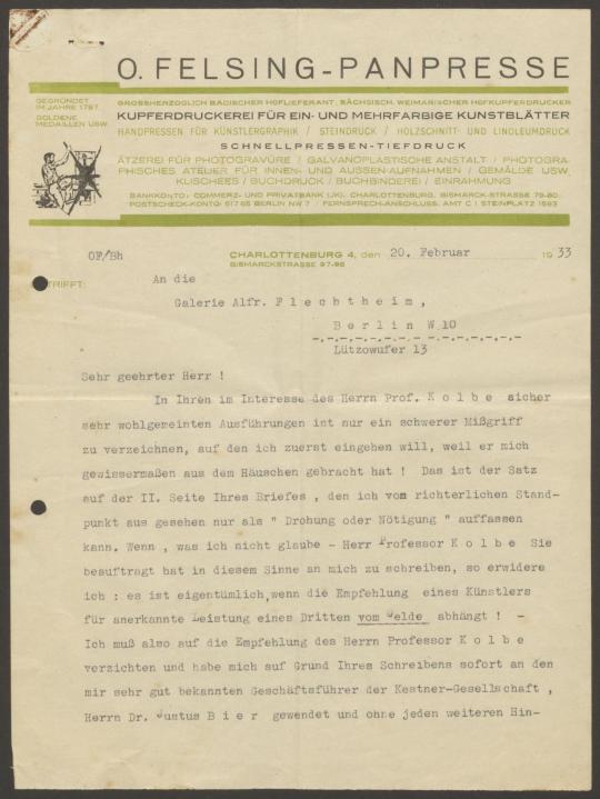 Briefwechsel zwischen O. Felsing und Galerie Flechtheim