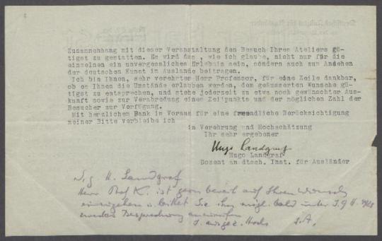 Brief von Hugo Landgraf [Deutsches Institut für Ausländer, Berlin] an Georg Kolbe