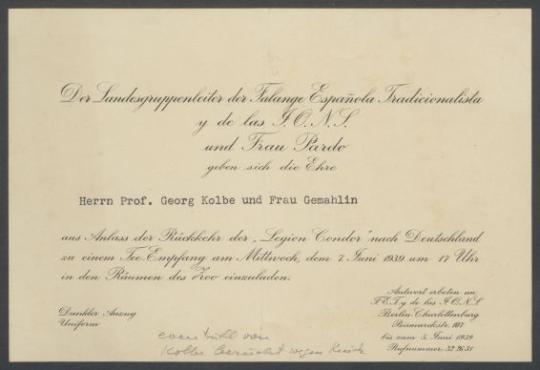 Brief von Falange Española Tradicionalista y de las Juntas Ofensivas Nacional-Sindicalistas [Berlin] an Georg Kolbe
