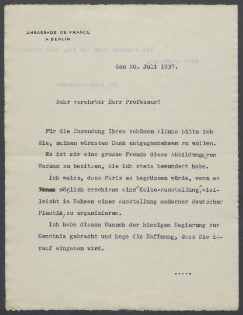 Brief von André Francois-Poncet [Botschafter Frankreichs, Berlin] an Georg Kolbe