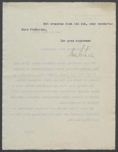 Brief von André Francois-Poncet [Botschafter Frankreichs, Berlin] an Georg Kolbe