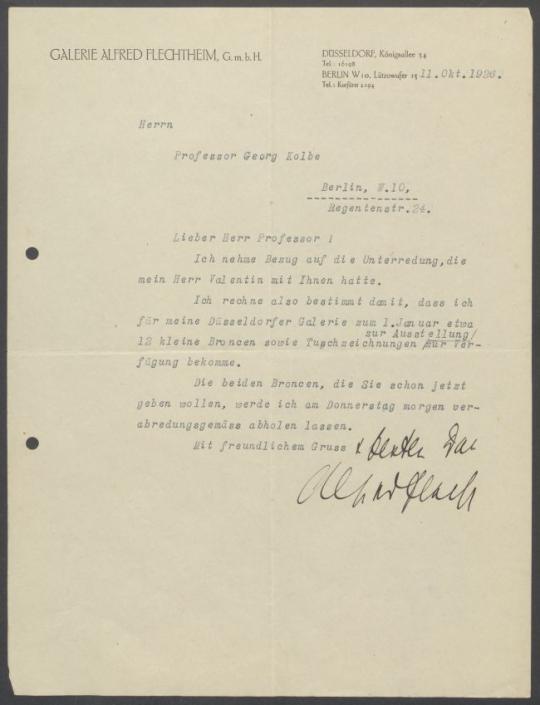 Briefwechsel zwischen Galerie Alfred Flechtheim [Berlin, Düsseldorf] und Georg Kolbe