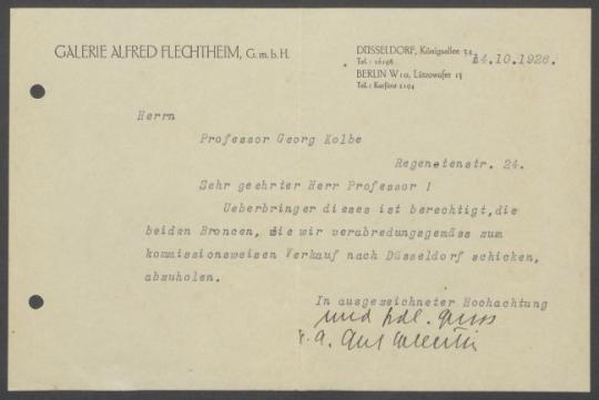 Briefwechsel zwischen Galerie Alfred Flechtheim [Berlin, Düsseldorf] und Georg Kolbe