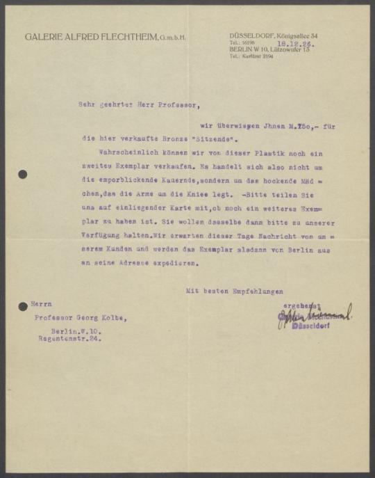 Briefwechsel zwischen Galerie Alfred Flechtheim [Berlin, Düsseldorf] und Georg Kolbe