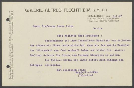 Briefwechsel zwischen Galerie Alfred Flechtheim [Berlin, Düsseldorf] und Georg Kolbe