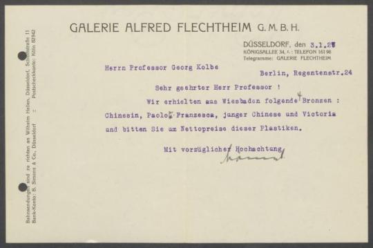 Briefwechsel zwischen Galerie Alfred Flechtheim [Berlin, Düsseldorf] und Georg Kolbe