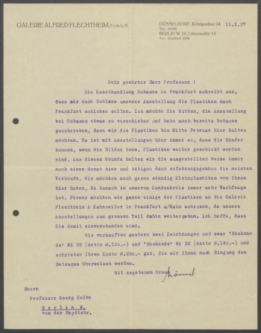 Briefwechsel zwischen Galerie Alfred Flechtheim [Berlin, Düsseldorf] und Georg Kolbe