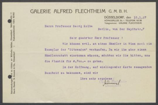 Briefwechsel zwischen Galerie Alfred Flechtheim [Berlin, Düsseldorf] und Georg Kolbe