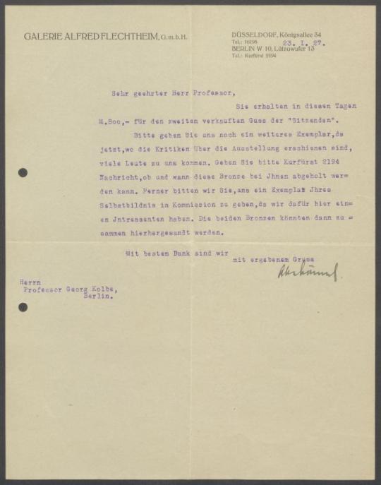 Briefwechsel zwischen Galerie Alfred Flechtheim [Berlin, Düsseldorf] und Georg Kolbe