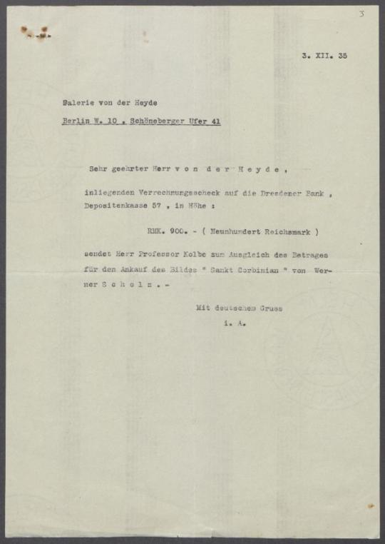 Briefwechsel zwischen Otto von der Heyde [Galerie von der Heyde] und Georg Kolbe