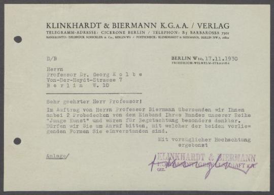 Briefwechsel zwischen Georg Biermann [Verlag Klinkhardt & Biermann] und Georg Kolbe