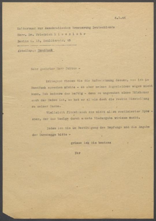 Briefwechsel zwischen Kulturbund zur Demokratischen Erneuerung Deutschlands [Berlin] und Georg Kolbe