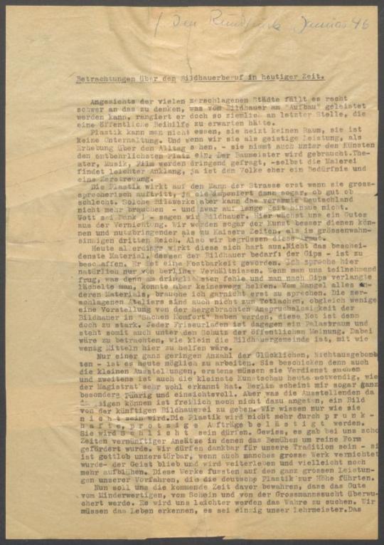 Briefwechsel zwischen Kulturbund zur Demokratischen Erneuerung Deutschlands [Berlin] und Georg Kolbe