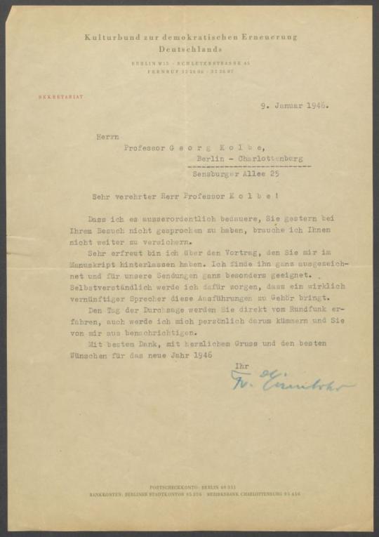 Briefwechsel zwischen Kulturbund zur Demokratischen Erneuerung Deutschlands [Berlin] und Georg Kolbe