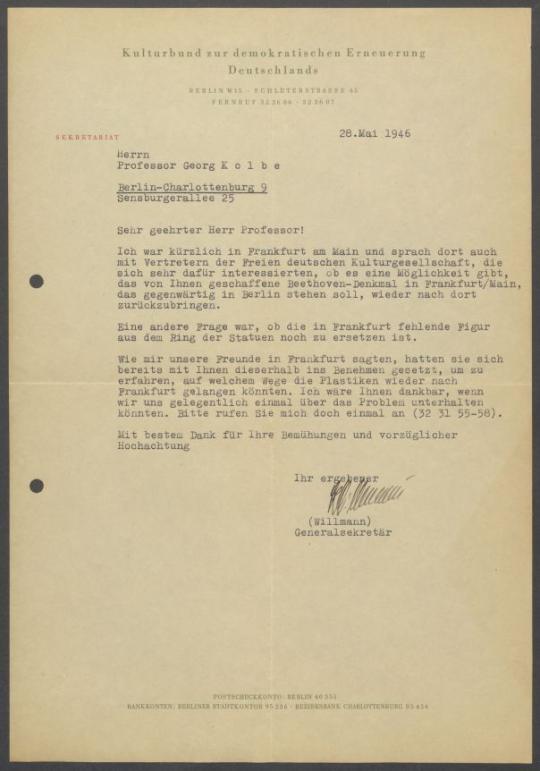 Briefwechsel zwischen Kulturbund zur Demokratischen Erneuerung Deutschlands [Berlin] und Georg Kolbe