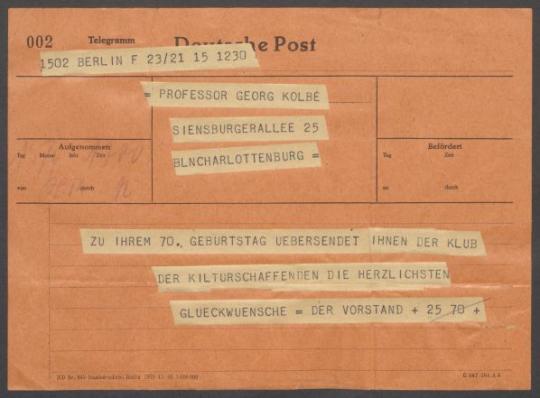 Briefwechsel zwischen Kulturbund zur Demokratischen Erneuerung Deutschlands [Berlin] und Georg Kolbe