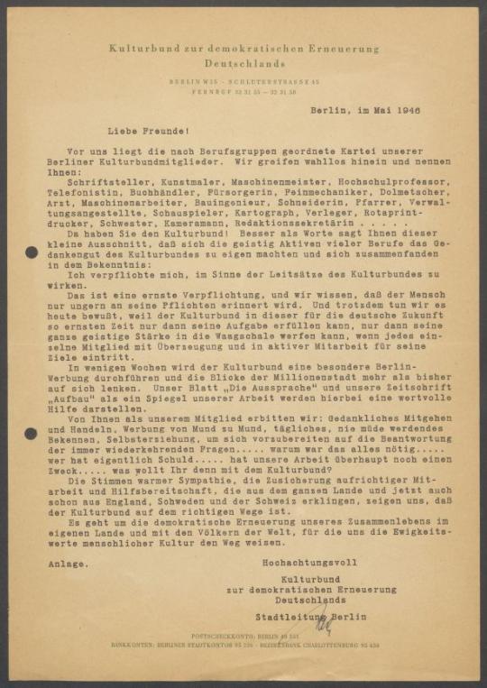 Briefwechsel zwischen Kulturbund zur Demokratischen Erneuerung Deutschlands [Berlin] und Georg Kolbe
