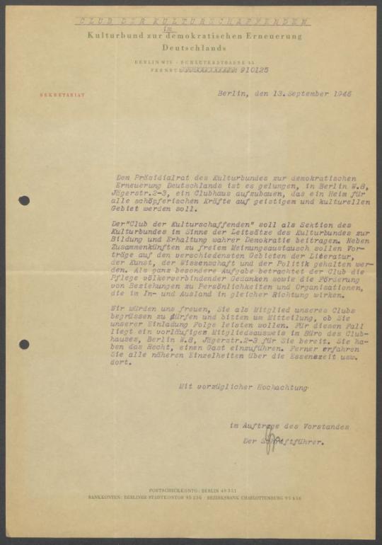 Briefwechsel zwischen Kulturbund zur Demokratischen Erneuerung Deutschlands [Berlin] und Georg Kolbe