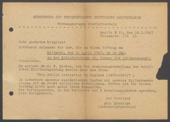Briefwechsel zwischen Kulturbund zur Demokratischen Erneuerung Deutschlands [Berlin] und Georg Kolbe