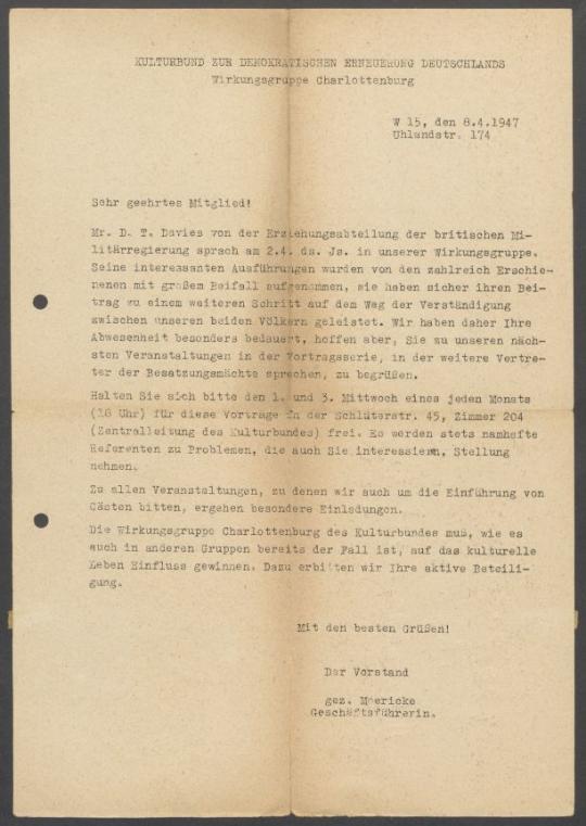 Briefwechsel zwischen Kulturbund zur Demokratischen Erneuerung Deutschlands [Berlin] und Georg Kolbe