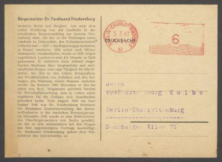 Briefwechsel zwischen Kulturbund zur Demokratischen Erneuerung Deutschlands [Berlin] und Georg Kolbe