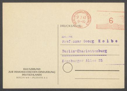 Briefwechsel zwischen Kulturbund zur Demokratischen Erneuerung Deutschlands [Berlin] und Georg Kolbe