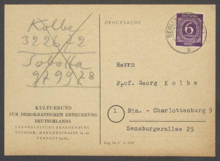 Briefwechsel zwischen Kulturbund zur Demokratischen Erneuerung Deutschlands [Berlin] und Georg Kolbe