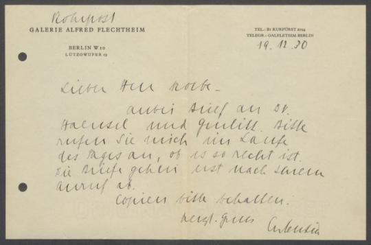 Briefwechsel zwischen Kunsthandlung Fritz Gurlitt [Berlin], Curt Galerie Alfred Flechtheim [Berlin], Rechtsanwalt Dr. Haensel und Georg Kolbe