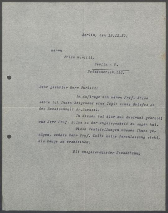 Briefwechsel zwischen Kunsthandlung Fritz Gurlitt [Berlin], Curt Galerie Alfred Flechtheim [Berlin], Rechtsanwalt Dr. Haensel und Georg Kolbe