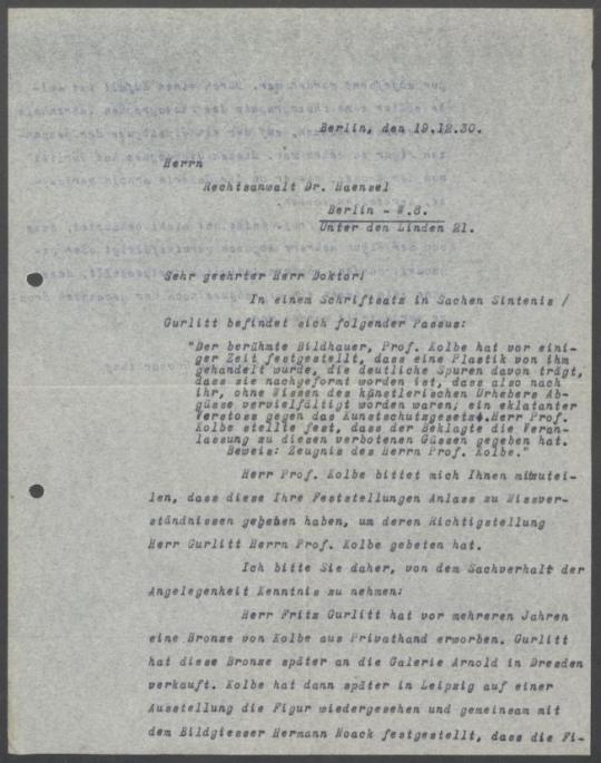 Briefwechsel zwischen Kunsthandlung Fritz Gurlitt [Berlin], Curt Galerie Alfred Flechtheim [Berlin], Rechtsanwalt Dr. Haensel und Georg Kolbe