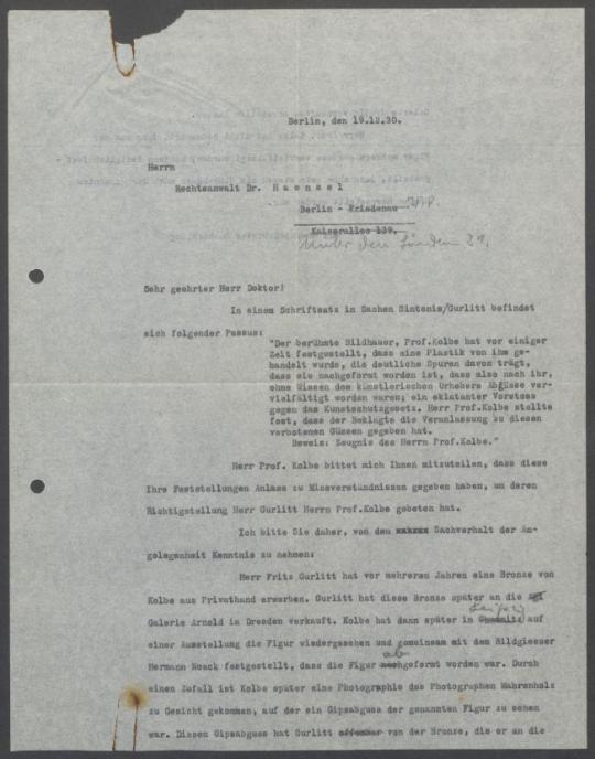 Briefwechsel zwischen Kunsthandlung Fritz Gurlitt [Berlin], Curt Galerie Alfred Flechtheim [Berlin], Rechtsanwalt Dr. Haensel und Georg Kolbe