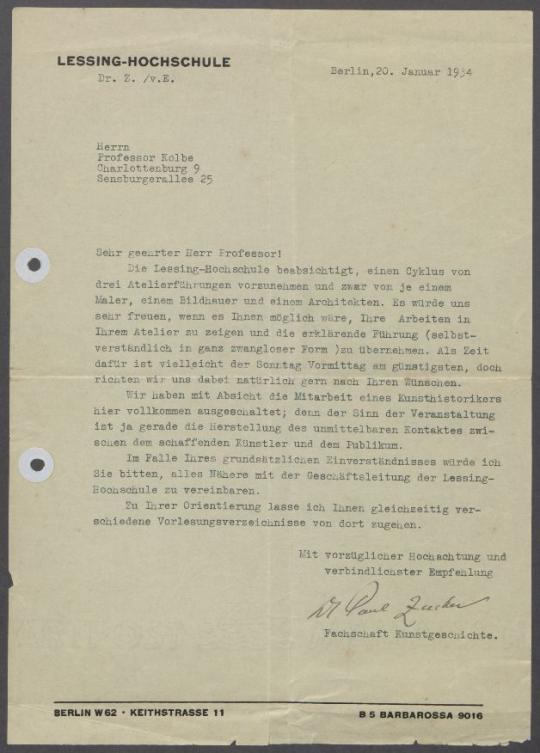 Briefwechsel zwischen Paul Zucker [Lessing Hochschule] und Georg Kolbe