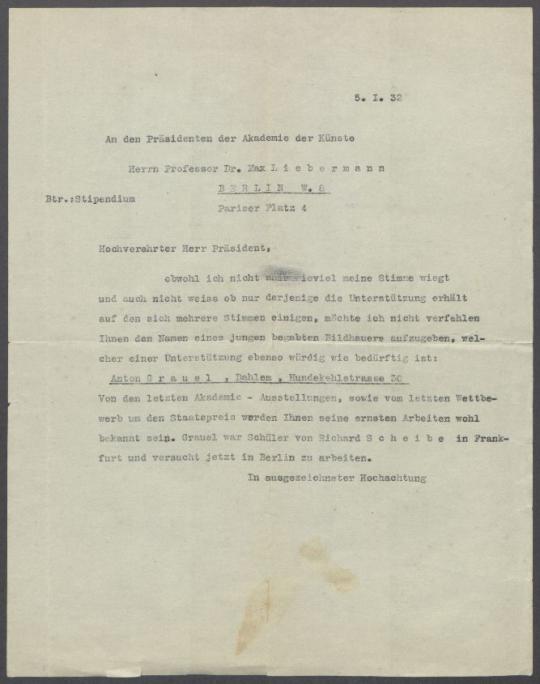 Briefwechsel zwischen Max Liebermann [Akademie der Künste] und Georg Kolbe