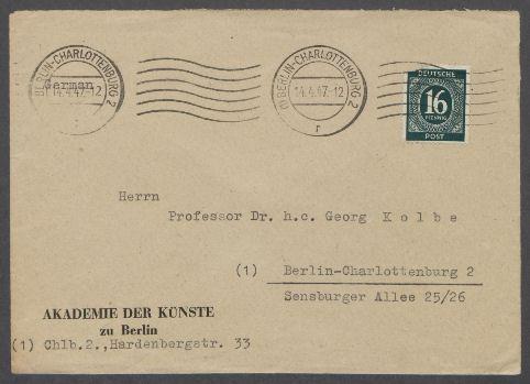 Brief von Körber [Akademie der Künste, Berlin] an Georg Kolbe