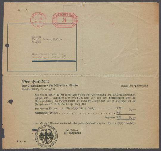 Brief von der Reichskammer der Bildenden Künste an Georg Kolbe